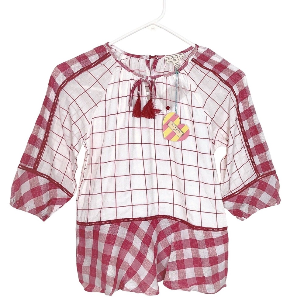 Hayden Girls Red White Plaid Checkered Tassel‎ Peplum Blouse Top Size L NWT
